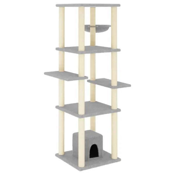 Close-up of sisal scratching posts on the light grey cat tree.