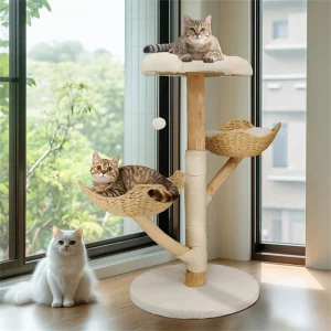 Side view of the multi-level cat tree showcasing its height and platforms