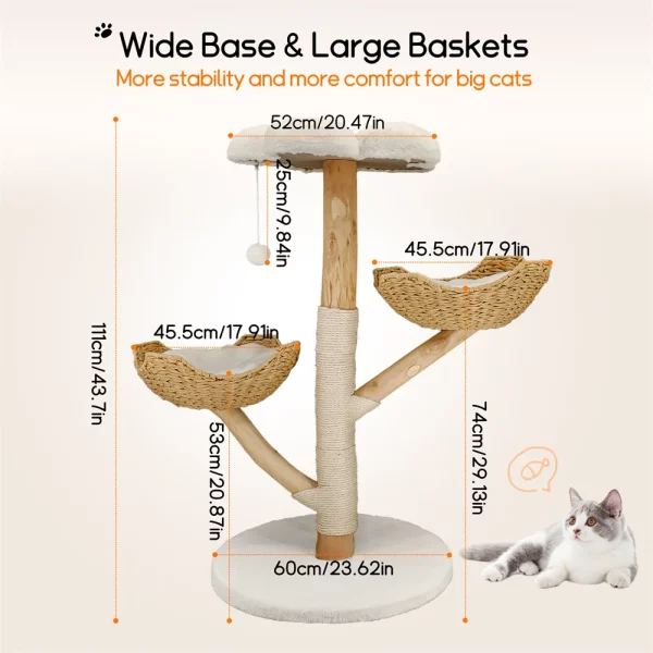 Base and lower levels of the willow wood cat tree showing stability