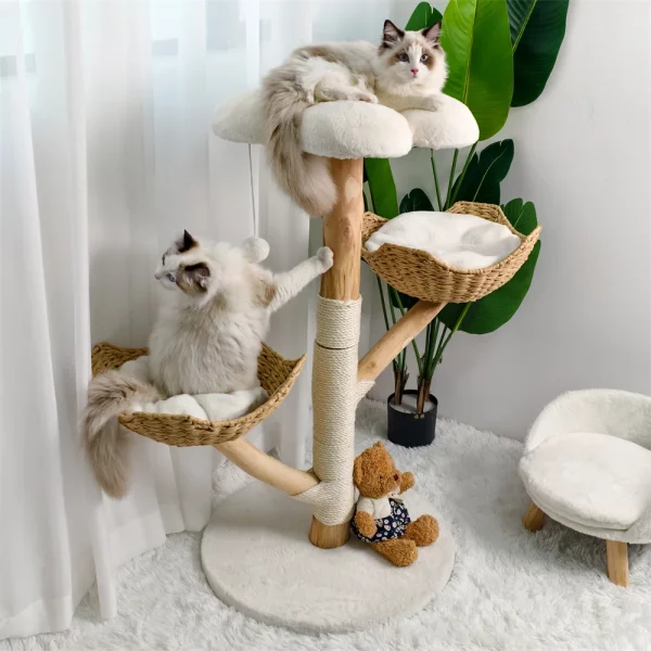 Close-up of the soft, removable plush cushion on a cat tree platform