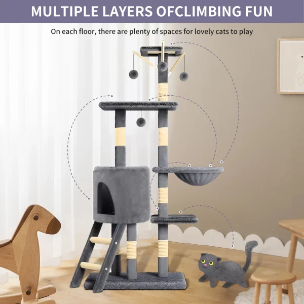 Overall structure of a multi-level indoor cat tree showing multiple levels and features