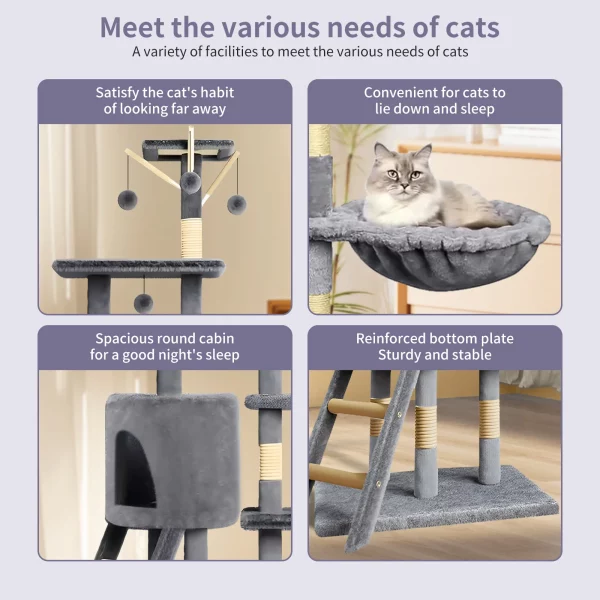 Another angle of the indoor cat tree highlighting its play tunnel and plush toy