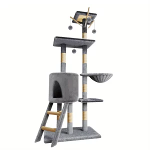 Multi-Level Indoor Cat Tree - Climbing Activity Tower with Scratching Posts, Hammock & Tunnel | Pet Play House