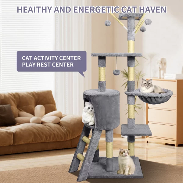 Cat resting on a sturdy jumping platform of a multi-level indoor cat tree