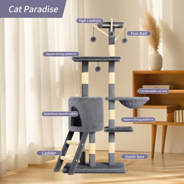 Close-up of the cozy, secure basket on a multi-level indoor cat tree