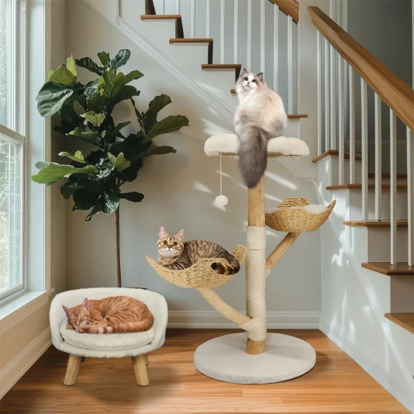 Modern cat furniture, view of the plush basket perch on top tier