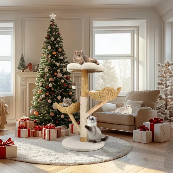 Solid wood cat tree, showing the stable base and multi-level platforms