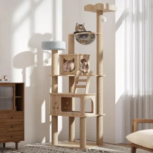 Cat tree, 184 cm tall, with multiple levels and scratching posts