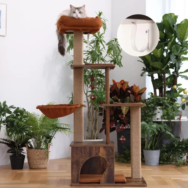 Cat Tree, 136 Cm Medium Tower with Padded Plush Perch and Cave, Wooden Condo with Scratching Post and Hammock, Cat