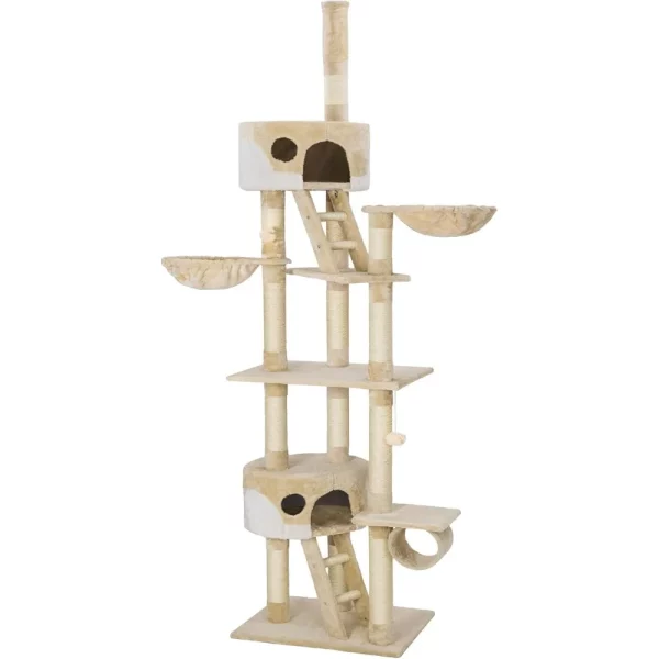 Front view of a multi-level cat tree with multiple platforms and two enclosed houses.