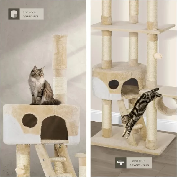 A cat comfortably resting on one of the elevated platforms of the cat tree.