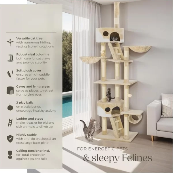 Close-up detail of a cosy cat house and a sisal-wrapped scratching post on the tree.