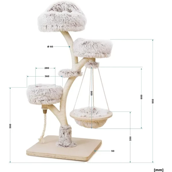 Close-up of the suspended cat bed attached to the cat tree structure