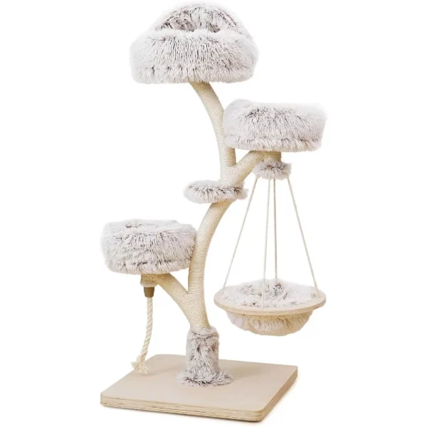 Angled view of the cat tree highlighting multiple levels and the suspended bed