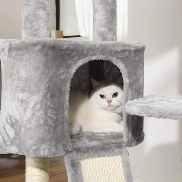 Plush, comfortable basket perch on a cat tower for napping.
