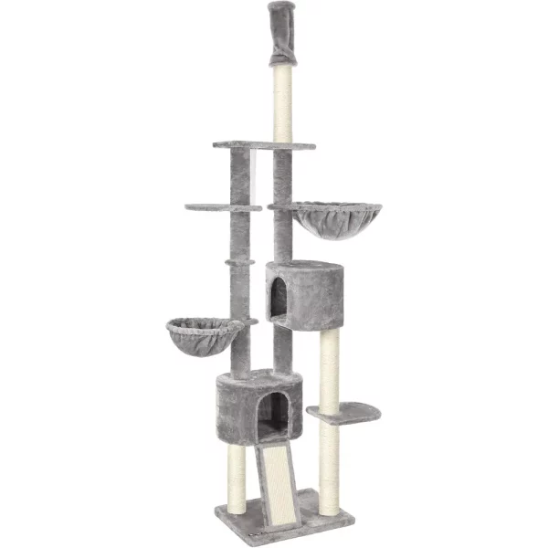 Side view of a light grey ceiling cat tree showing its adjustable height feature.
