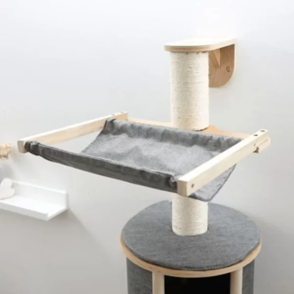 Close-up of the woven fabric cushion with Velcro strap on the cat tree