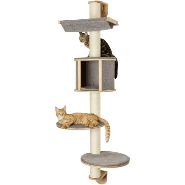 Cat tree installed on a wall, showing its vertical placement and dimensions