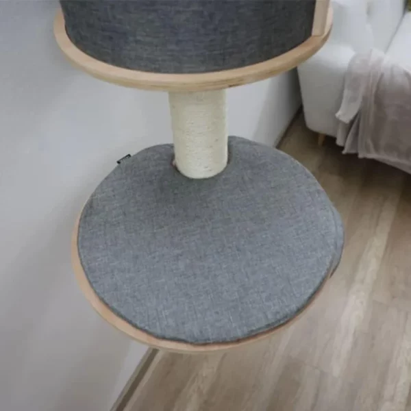 Sisal-wrapped scratching posts on the wall-mounted cat tree