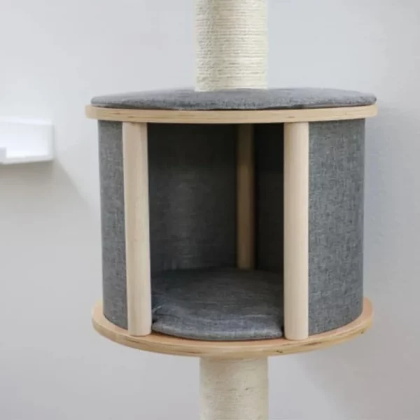 Cat tree with integrated cave and hammock, demonstrating resting spots