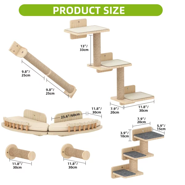 Cat using a wooden stair climber on the wall-mounted cat furniture