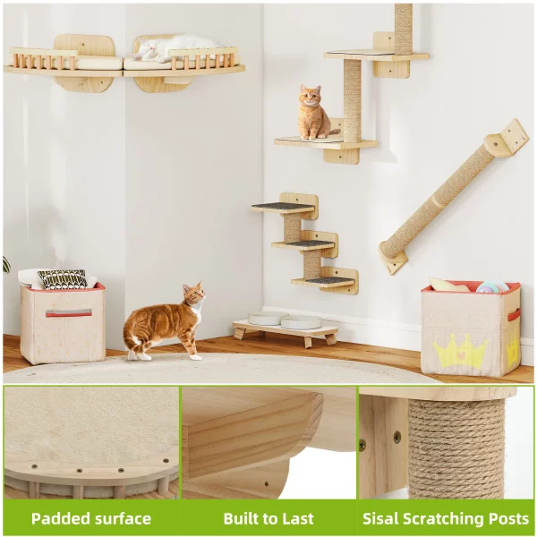 Cat resting on a wooden platform of the wall-mounted cat climbing set
