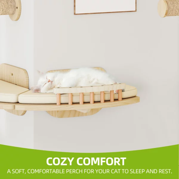 Corner view of the modular wooden cat climbing wall system installed