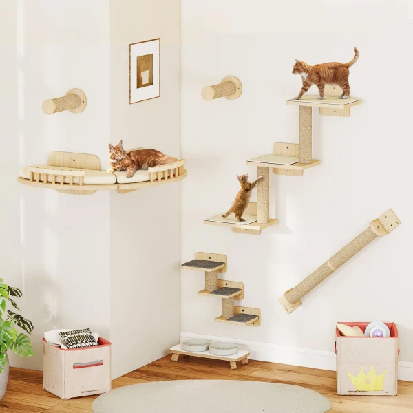 YITAHOME 7-Piece Wood Cat Climbing Wall - 3 Scratching Posts, 2 Platforms & 2 Stairs for Play/Sleep/Lounge, wood,