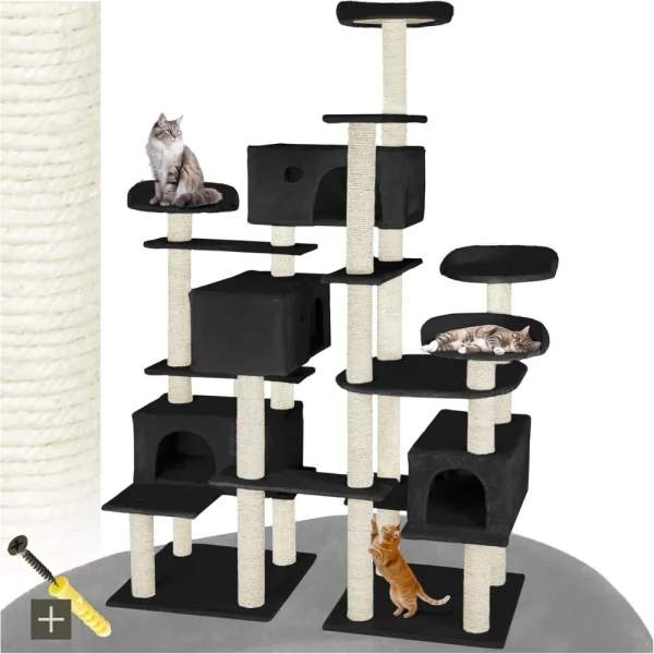 Multi-Level Cat Tree, 4 Perches & 4 Cosy Houses, Robust Structure with 2 Sturdy Bases & Anti-Tip Protection -