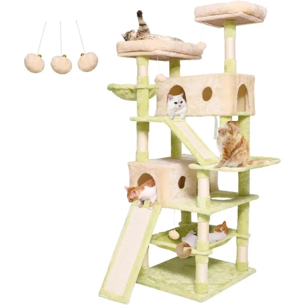 Cat resting in a hammock attached to a cat scratching post
