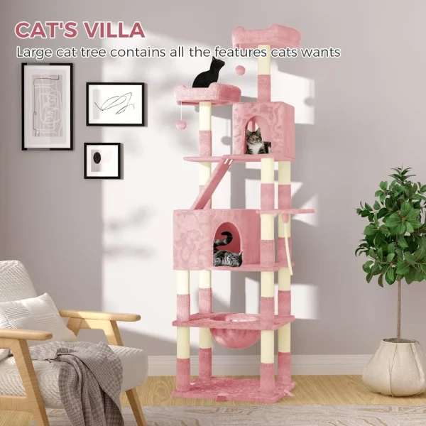 Close-up of sisal-wrapped scratching posts on a multi-level cat tree