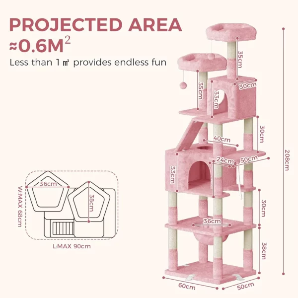 Cat tower showing plush resting platforms and enclosed cat houses
