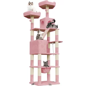 208cm large cat tree, front view with multiple levels and scratching posts
