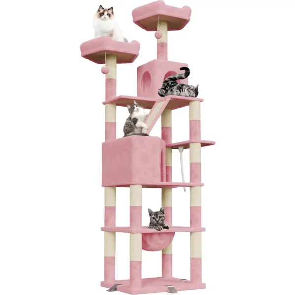 208cm large cat tree, front view with multiple levels and scratching posts