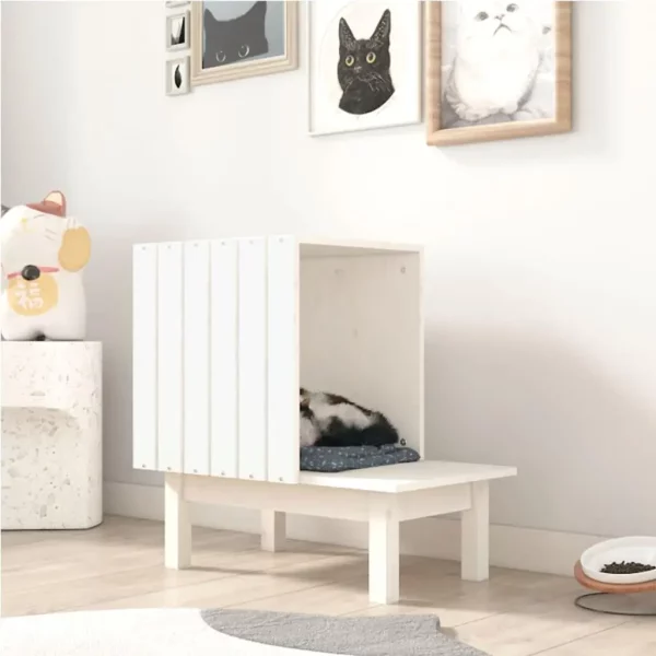 Spacious White Cat House 60x36x60 cm - Sturdy Solid Pine Wood for Ultimate Comfort, UNITED KINGDOM