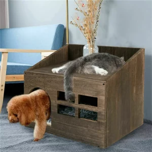 Wooden cat house, front view with cushion, indoor pet furniture