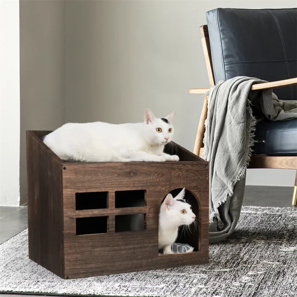 Wooden cat house, top view, functional end table surface, pet supplies