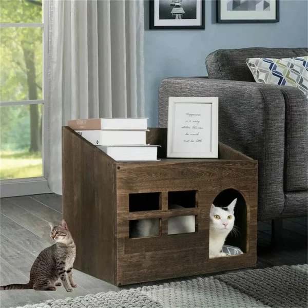 Wooden cat house, side profile showing entrance hole, pet hideout