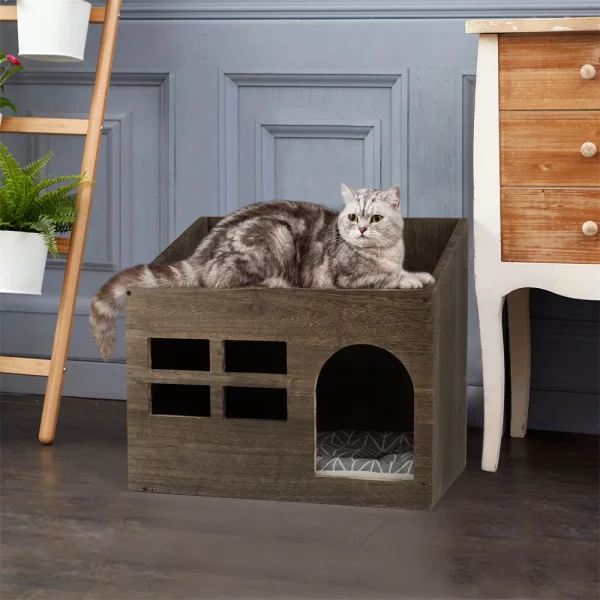 Wooden cat house, interior with soft washable cushion, cozy pet bed