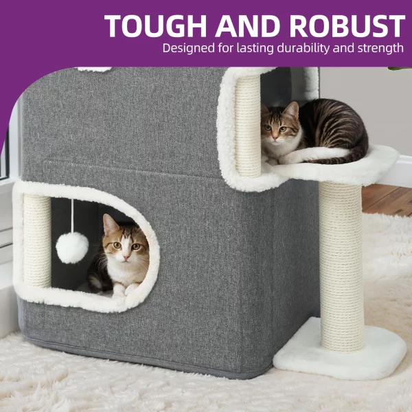 Cat actively using the scratching post on the cat cave
