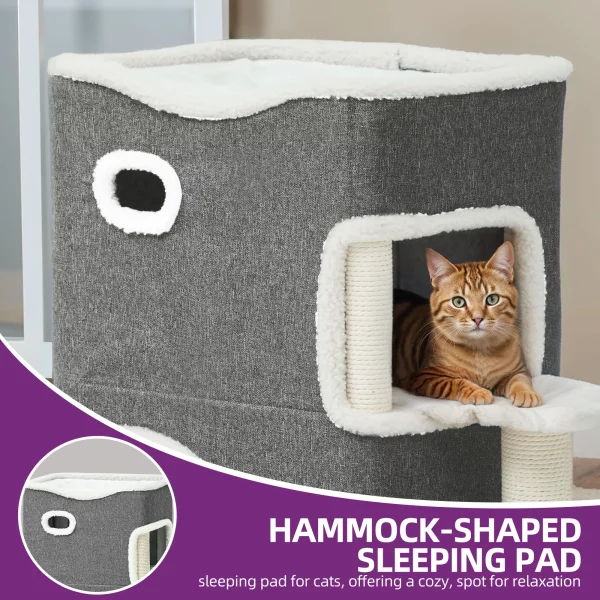Close-up of the interactive hanging plush toy on the cat cave
