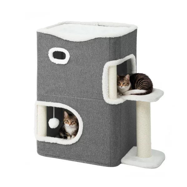 Cat entering one of the plush-lined openings of the cat cave