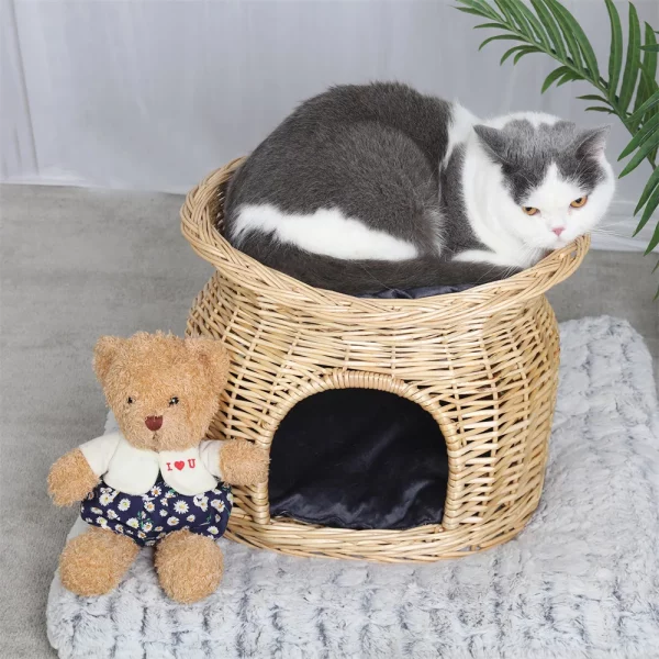 A cat relaxing comfortably on the upper platform of the cat house
