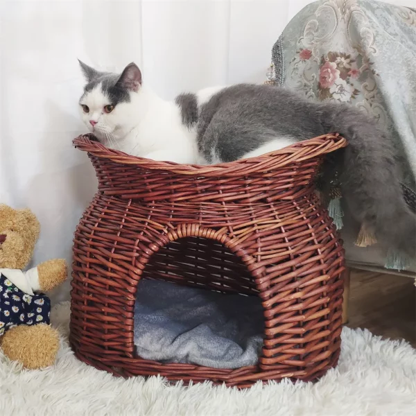 Front view of the 2-tier wicker cat house with igloo and balcony