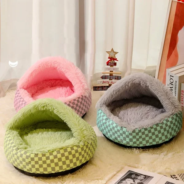 Plush pet bed, side profile, highlighting soft material