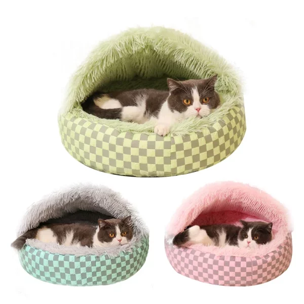 Plush pet nest, front view, showing semi-enclosed design