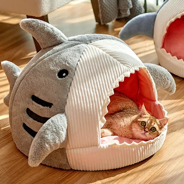 Shark pet cave bed, top-down view highlighting entrance