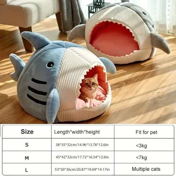 Shark pet bed placed in a cosy living room setting