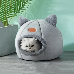 Cat cave bed, front view, plush interior