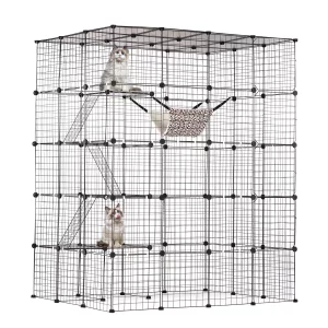Large cat cage interior view showing multiple levels and accessories